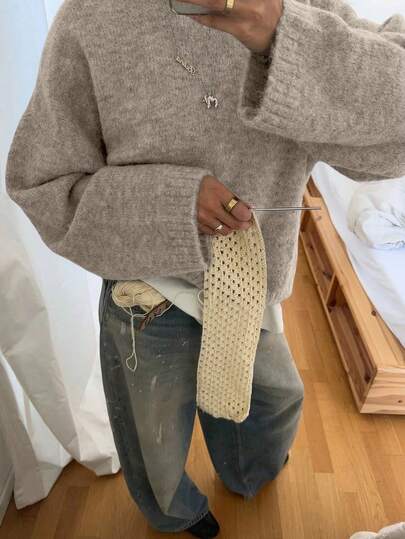 VIBEWAVE Heather Gray Vintage Amerikaanse stijl ronde hals trui, comfortabele gebreide trui voor herfst/winter