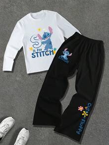 Disney طقم تيشيرت بأكمام طويلة وبنطال فضفاض واسع، مميز بتصميم ألوان سادة وطباعة رسومات خياطة، طراز كاجوال مناسب للارتداء اليومي والجري وغيرها من المناسبات، متعدد الاستخدامات للربيع والخريف