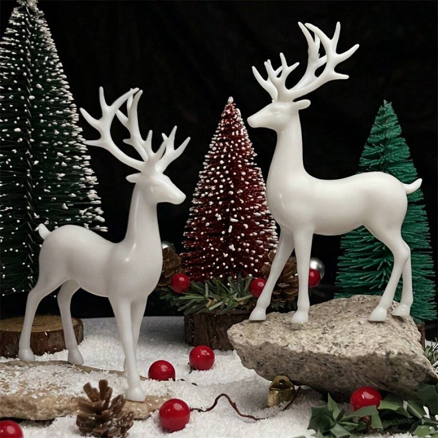 Charming Duo, Enchanting White Reindeer Figurines - Ideal For Christmas, Halloween, And Other Occasions - Versatile Home Decor For Living Room, Bedroom, And Kitchen