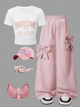Fashion And Sweet Girl Casual Set 2 Pieces Set, Featuring A Simple Letter Bow Short Sleeved Top And Pink Bow Wide Leg Pants, Suitable For Spring, Autumn, Summer, Parties, Campus, And Daily Wear For Tween Girl