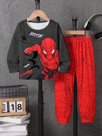 Young Boy Casual Print Outfit, Print Long Sleeve Top + Print Web Pants, Cool Cartoon Style, Suitable For Everyday Wear, Birthday Party, Satisfy Little Hero Dreams, Autumn/Winter