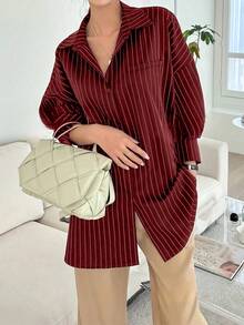 Red & White Striped Front Button Pocket Long Sleeve Shirt, Autumn Spring - Red - View 4
