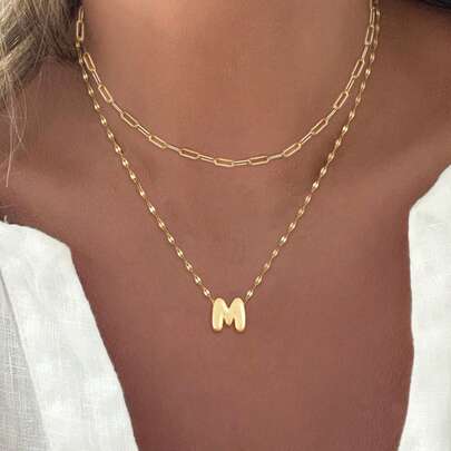 Set de 2 collares de mujer con colgante inicial de burbuja simple, cadena de clip de papel chapada en oro de acero inoxidable, estilo de capas