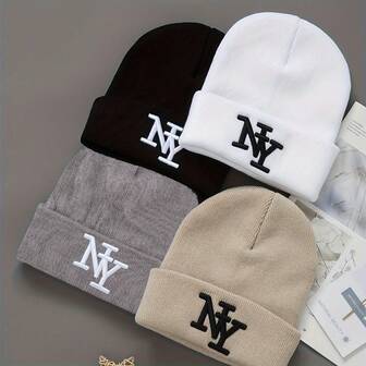 1pc Unisex Winter Beanie, Solid Color Knitted Warm Outdoor Cap, NY Embroidered Couple Hat - Suitable For Autumn/Winter Outdoor Sports, Skiing, Hiking, Fishing