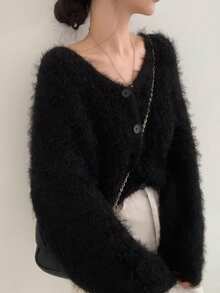 Áo khoác cardigan len dệt kim mềm mại phong cách Hàn Quốc, tay dài - màu đen - Xem 2