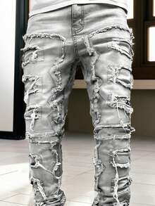 Men's Fashion Street Style Layered Frayed Hem Jeans, Emo Style - Medium Wash - View 5