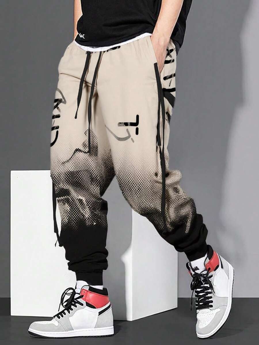 Men Sports Pants Running Trousers With Side Pockets, Satin Tape Print, Comfortable Breathable Casual Street Pants, Slim Fit, Emo, 2000s Style, Fall