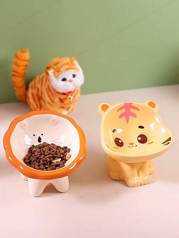 1-Pack High-Legged Ceramic Pet Bowl - Cute Animal Design (Tiger, Sheep, Lion), With High Feet, Anti-Tip Spine Support, Durable Pet Feeding Bowl, Suitable For Small And Medium Dogs And Cats, Ergonomic Design, Promotes Joint Health And Posture Support