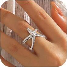 Starfish Statement Ring Women Stainless Steel Seashell Rings Opening Adjustable Gold Silver Starfish Ring Irregular Beach Rings Summer Beachy Ocean Jewelry - 銀海星戒指 - 查看 1