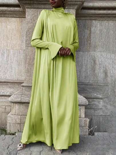 大码女式高领喇叭袖纯色休闲连衣裙，适合所有季节，春季皆宜