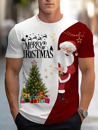 3D Print Christmas T-Shirt For Men, Design With Santa Claus And Merry Christmas Pattern - Holiday Graphic Tee, Regular Fit Crew Neck, Machine Washable, White And Red Color Blocks, Suitable For Casual Streetwear, Durable Fabric