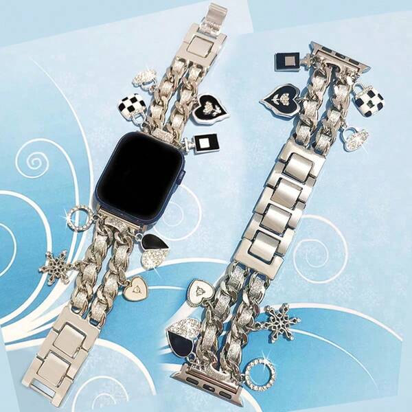 1pc Shiny Silver Strap Compatible With Apple Watch 38/40/41/42/44/45/46/49mm, Suitable For Women - Cuban Link Bracelet, With Cute Pendant Charm, Fits Series 10/9/8/7/6/5/4/3-1 Ultra SE (Strap Only, Watch Not Included)