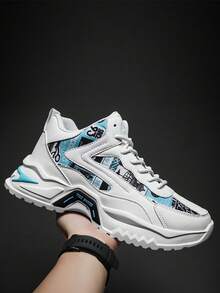 男士时尚高帮厚底休闲鞋，系带学院风，舒适、耐用、简约、百搭 - 白藍 - 查看 4