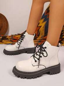 Botas Ankle para Mulheres, Cor Sólida Estilo Básico com Zíper Lateral, Estilo Universitário para Uso Externo, Escritório, Halloween, Festa de Natal, Casamento, Temporada de Inverno, Sola Grossa Cadarço Confortável Volta às Aulas, Botas Curtas Pretas Brilhantes Minimalistas de Moda