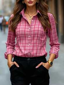 Women's Pink Plaid Button Front Long Sleeve Regular Shirt Collar Polyester Blouse Top Chic Women's Plaid Print Button Front Regular Sleeve Polyester Blouse With Shirt Collar Elegant Women's Polyester Striped Shirt Blouse Long Sleeve With Classic Shirt Collar And Regular Hem For Everyday Wear Shirts Fall Clothes For Women - Pink - View 8