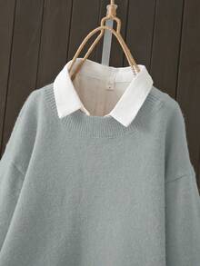 Plus Size Women's Casual Everyday Commute Simple Solid Color Round Neck Dropped Shoulder Loose Pullover Sweater (Excluding Shirt) Spring - Grey - View 3