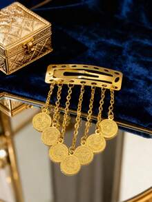 Herseygold 1pc Turkish Coin Tassel Hair Clip, Kurdish Bride Totem Hair Accessory, Middle Eastern Arabic Wedding Festival Women Headdress - Gold - View 5