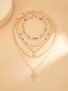 3pcs/Set Vintage Metal Cross Pendant Y-Necklace, Bohemian Style Colorful Crystal Bead Necklace Set, Suitable For Women's Daily And Holiday Wear, Gift For Friends - Yellow Gold - View 6