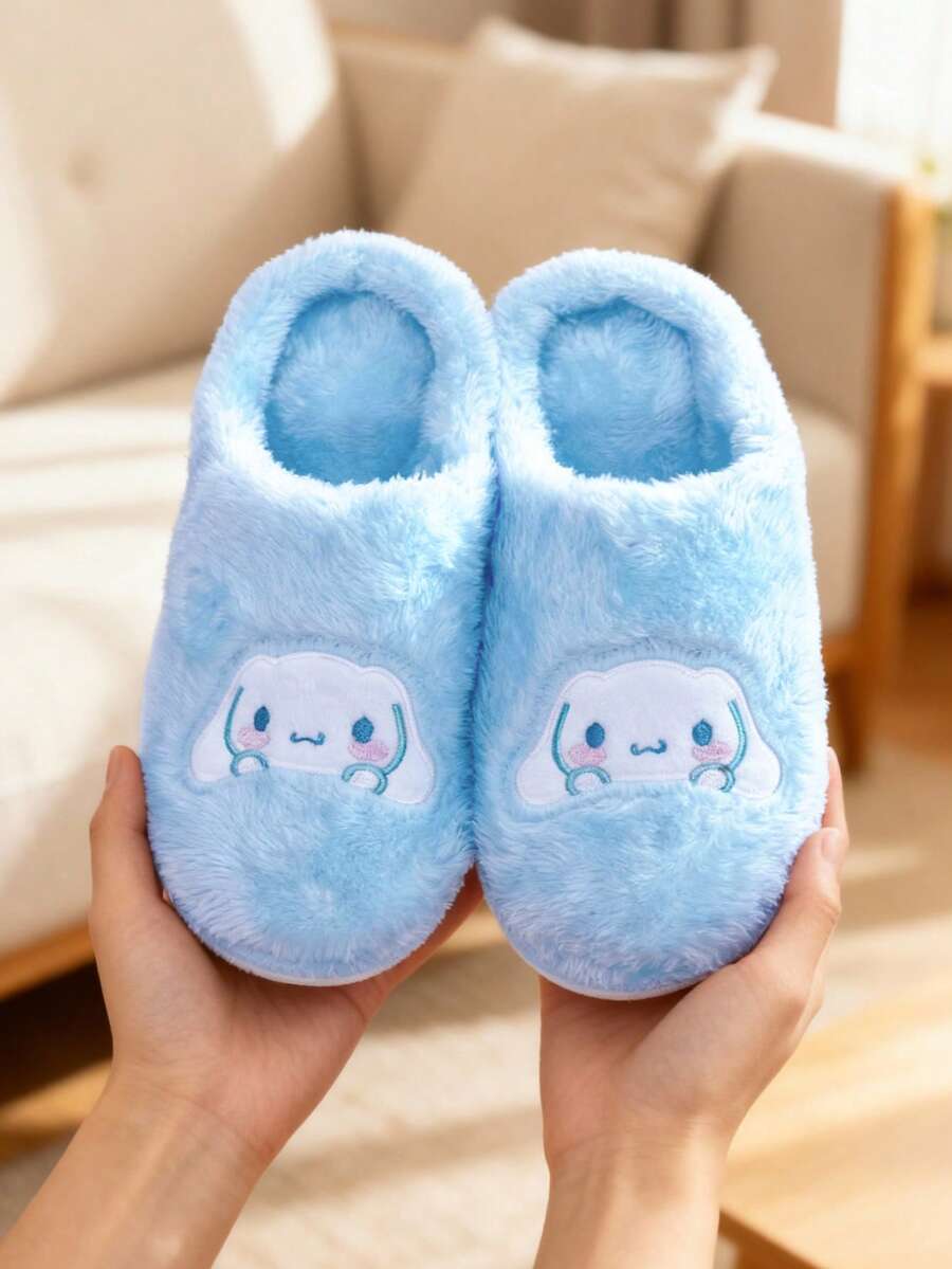 SANRIO 三丽鸥肉桂狗女士闭趾可爱保暖防滑平底毛绒拖鞋，适合冬季室内穿着，三丽鸥鞋，毛绒拖鞋，蓬松拖鞋