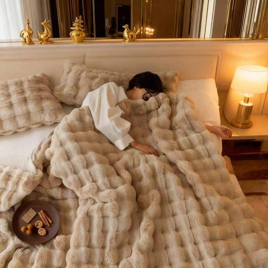 1pc Premium Soft Plush Bubble Fleece Blanket, Warm Dual-Sided Fuzzy Throw Blanket, Cloud-Like Soft & Skin-Friendly, Multipurpose For Home, Bedroom, Sofa, Office, Camping, Travel, Excellent Home Decor