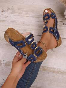 Sandal Datar Wanita Terbaru, Sandal Wedges, Sandal Pantai untuk Musim Panas, Sandal Platform, Sandal Gladiator - Navy Blue - View 3