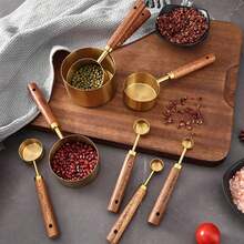 Stainless Steel Measuring Cup Set With Rosewood Handles, For Cooking And Baking, Kitchen Tools, Wooden Handle Measuring Cups With Markings, Dry And Liquid Measuring Cups - Baking Supplies - Multicolor - View 5