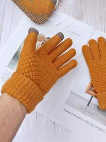 冬季手套 - 男女通用保暖手套，1 双装，弹性袖口针织触屏手套 - 彩色 - 查看 3