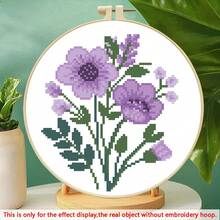 1 Set Floral Cross Stitch Kit, DIY Embroidery Materials, Multiple Options (Pink Floral, Rose & Lily, Purple Bouquet), Includes Embroidery Hoop, Scissors, Threader, 11CT Fabric, Needles, Home Decor Creative Gift