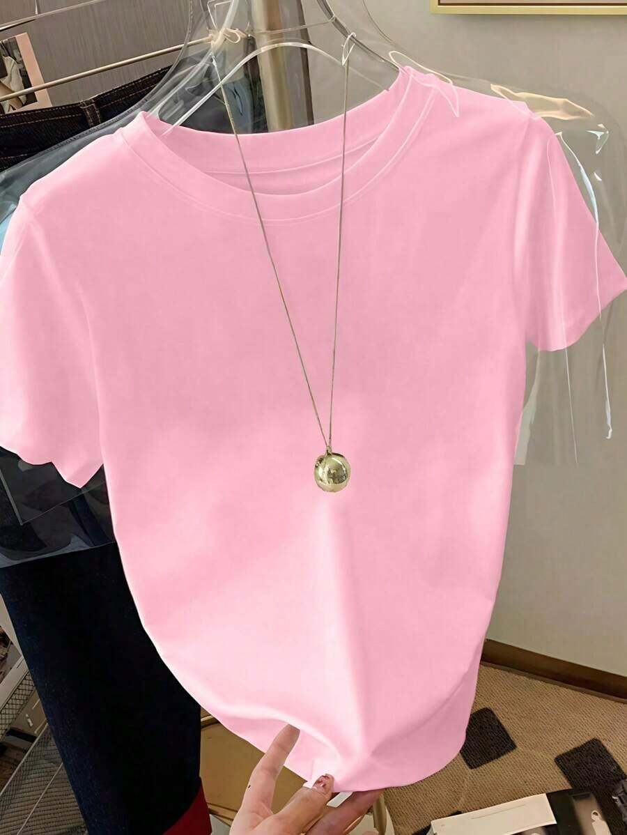 FNI Fusion Women' Plain Casual Versatile Crew Neck Short Sleeve T-ShirtOversized Casual Going Out Tops Women, Perfect - 淺粉色 - 查看 1