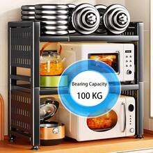 Microwave Oven Rack 2Tier Expandable Microwave Toaster Shelf With Utensil Holder Adjustable Countertop Microwave Stand MultiFunctional Carbon Steel Over Microwave Shelf With 6 Hooks Black