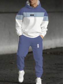 男士卫衣运动裤套装，休闲时尚慢跑运动服，连帽两件套，100% 涤纶，适合春秋季穿着，无内衬，轻盈顺滑面料 - 彩色 - 查看 1