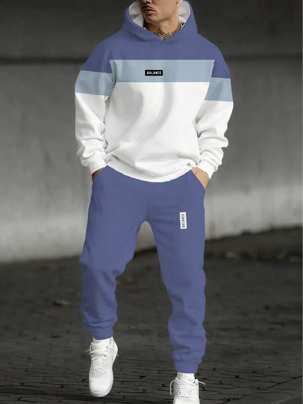 Men's Sweatshirt And Sweatpants Set, Casual Fashion Jogging Sports Suit, Hooded 2 Pieces Set, 100% Polyester, Suitable For Spring And Autumn, Non-Fleece Fabric, Lightweight Smooth Fabric, Slightly Stretchy
