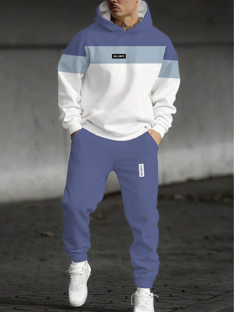 男士卫衣运动裤套装，休闲时尚慢跑运动服，连帽两件套，100% 涤纶，适合春秋季穿着，无内衬，轻盈顺滑面料 - 彩色 - 查看 1