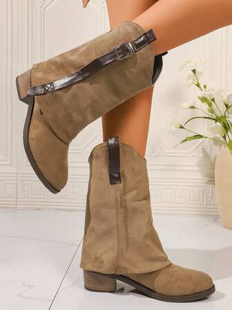 Women's Leopard Print Mid-Calf Boots, Solid Color Chunky Heel Increased Height, Fashion Versatile Non-Slip Soft Bottom Personalized Avant-Garde Design Elegant Lady Outdoor Boots, New For Winter