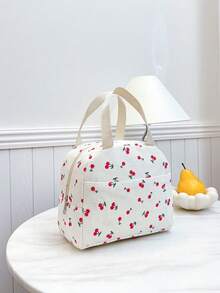 Portable Insulated Lunch Bag; Thickened Cute Lunch Fruit Bag For Students; Pink Asymmetrical Bow Heart Print - Beige - View 6