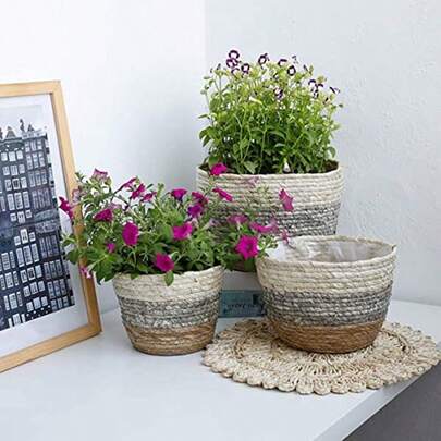 1pc Straw-Woven Flower Pot Basket Basket Basket Flower Pot Set Color Nordic Potted Creative Home Balcony Living Room Indoor And Outdoor