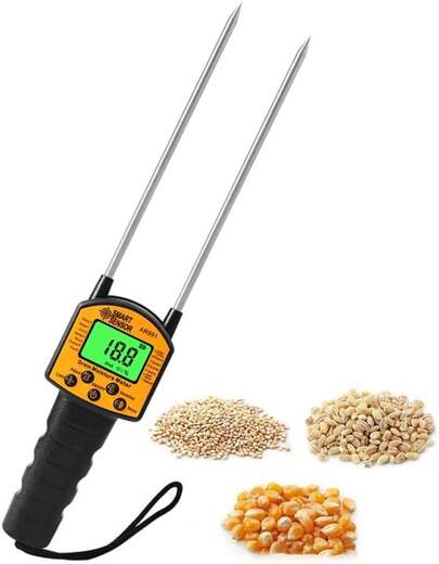 Medidor de Humedad de Granos Probador de Humedad de Alimentos Robusto y Preciso con Recordatorio de Voz y Pantalla Retroiluminada para Detector de Agujas de Acero Al Carbono Diseño