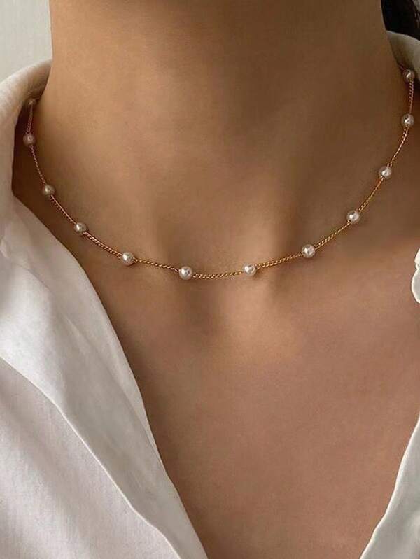 1pc European & American Fashionable Pearl Necklace, Versatile New Style Simple Choker Collarbone Chain Jewelry Accessory, Suitable For Women's Daily Wear