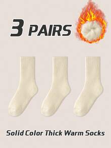 3 Paar Damen Dicke einfarbige thermisch gefütterte Wollmischsocken, Schwarz/Weiß/Khaki, warm, weich, bequem, kältebeständig, Lässig, geeignet für Zuhause, Herbst/Winter