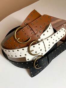 Pasek damski w stylu retro ze skóry z nitami i asymetrycznym łańcuchem w talii, szeroki pasek w stylu zachodnim, pasujący do spódnicy, spodni dżinsowych i ozdobnej taśmy w talii