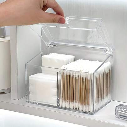 1pc Cleaning Swab Storage Box, Acrylic Tissue Box For Beauty Salon, Vanity Table Box, Makeup Remover Tissue Box, Transparent Plastic, 2 Compartments, With Dust Cover