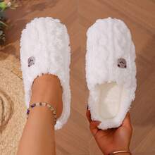 泰迪熊图案毛绒休闲动物可爱舒适针织保暖内衬柔软抓绒舒适休闲平底室内秋冬季 - 白色 - 查看 10