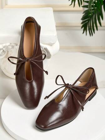 Vintage Brown Square Toe Flat Shoes For Women, Hollow Lace-Up Bow Slip-On Mary Jane Flats, Solid Color Fashion Cutout Outdoor Shoes For All Seasons,Loafers