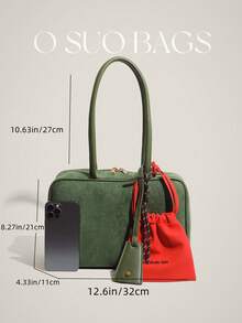 2 piezas Bolso de mano de ante de unicolor para otoño/invierno, versátil bolso de viaje Boston con gran capacidad, asa de hombro y superior, con accesorio colgante