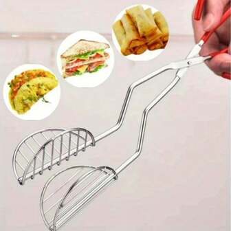 Prensa de tacos y pinzas de freír de acero inoxidable - Pinzas para alimentos con diseño en forma de U de 304 de alta resistencia con diseño de malla antiadherente y mangos, hace conchas crujientes en 3 minutos, máquina de tortillas, utensilios de cocina para patatas y pan plano - Adecuado para el hogar, camping, cocina comercial - Fácil de limpiar y herramienta de cocina duradera, el diseño de rejilla abierta reduce la absorción de aceite, perfecto para hacer tacos, empanadas y talla grande