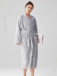 1pc Coral Fleece Solid Color Bathrobe For Women, Long Robe, Women's Bathrobe After Shower, Bath Towel, Super Soft, Quick Drying, Ultra Absorbent, Quick Drying, Dressing Grown, Loungewear, HomeWear, Sleepwear, Wearable Towels, Suitable For Home, Bathroom, Hotel, Gym, Travel, Holiday Gift, Swimming Pool, Bathing, Bathroom Decor, All Season Use, Presents For Christmas, Halloween's Day, Thanksgiving Day