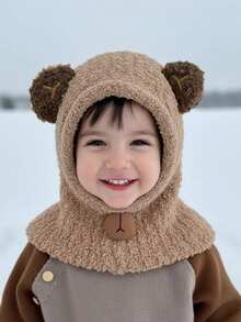 1件装幼儿男童熊耳连帽帽，保暖内衬，带围巾的婴儿帽，拉法帽，针织帽，保暖帽 - 1PC - 查看 3