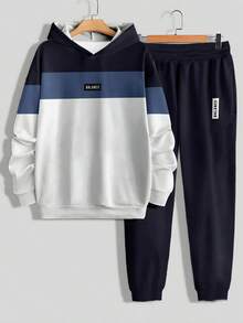 男士卫衣运动裤套装，休闲时尚慢跑运动服，连帽两件套，100% 涤纶，适合春秋季穿着，无内衬，轻盈顺滑面料 - 彩色 - 查看 3