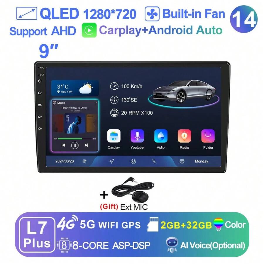 LEHX 8Core 9 pulgadas Universal 2din inalámbrico Carplay Android 15 Radio de coche reproductor de vídeo Multimedia AutoRadio navegación GPS 4G WiFi - 9-L7 Plus (2-32 GB) - Ver 1