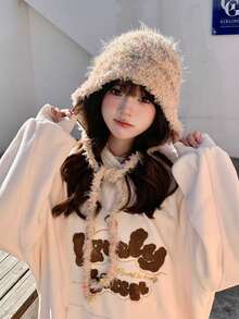 1 件彩色绒球羊毛帽，耳罩系带可爱百搭帽，适合女士，秋冬 - 彩色 - 查看 3